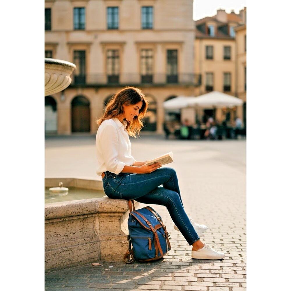 Burberry Blue Cotton Canvas Backpack Rucksack ~ Brown Leather Trim~ Drawstring - Picture 11 of 11